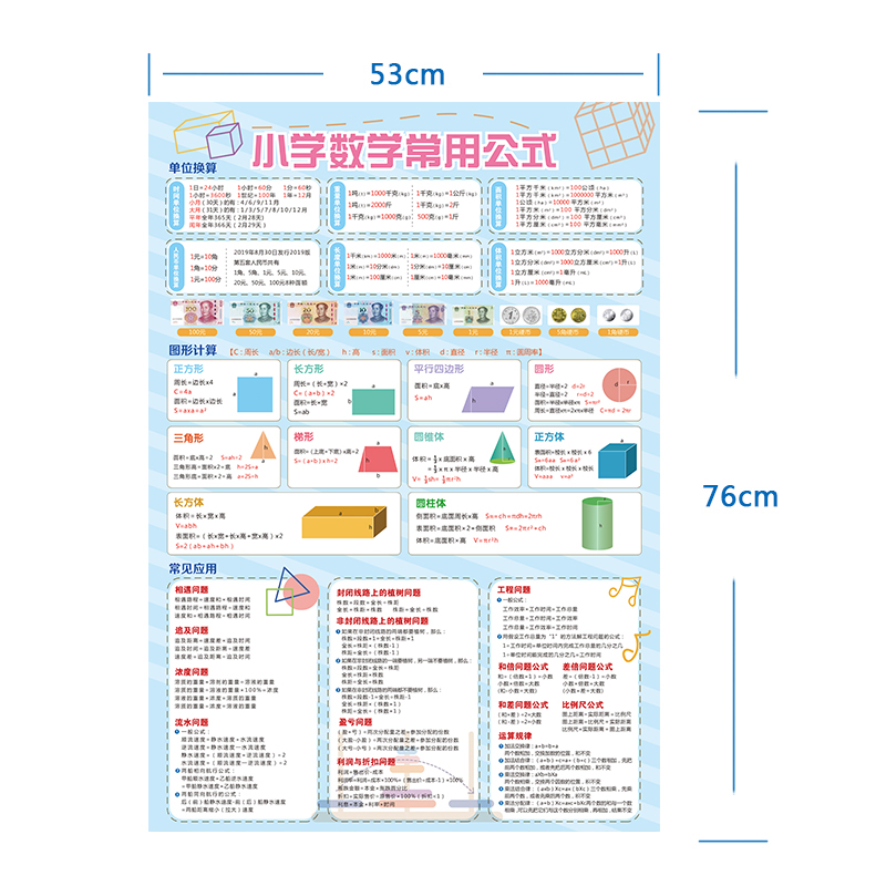 小学知识点挂图数学公式认识钱币单位换算墙贴无声