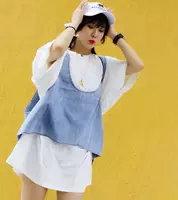 SEVE yirong quốc tế đích thực 7362 denim vest + T-Shirt kích thước lớn casual loose Hàn Quốc phiên bản của hai mảnh váy áo khoác len nữ