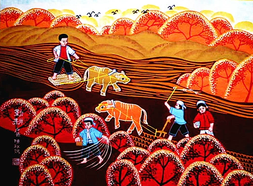 Chen Qiu'e, хорошо известный крестьянский художник в графстве Хусиан, вручная четырехселенная оригинальная работа «усердие»