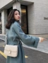 Áo len lông cừu hai mặt màu xanh khói đầy đủ màu xanh nữ 2018 thu đông mới phiên bản Hàn Quốc của chiếc áo khoác len ren dài tay thủ công áo khoác dạ nữ