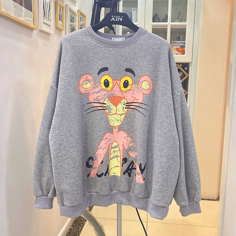 Grey2020 Autumn and winter new pattern Pink Leopard lovely Cartoon printing Plush thickening Age reduction easy Show thin student Sweater female