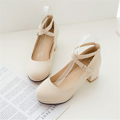 taobao agent White round head high -heeled shoes Student fairy wind thick heels, gentle medium heel single shoes small leather shoes 2022 new summer