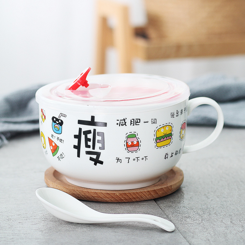 Small And Thin Pay Attention To Spoon And Chopsticks In Shopsstudent Noodle soup bowl ceramics Handle with cover trumpet seal up Instant noodles cup Bento Lunch box Cartoon can Microwave Oven Breakfast cup