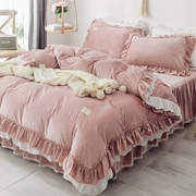 Công chúa phong cách bốn mảnh cô gái chăn che giường váy xù lông san hô flannel pha lê nhung giường ấm áp hai mặt