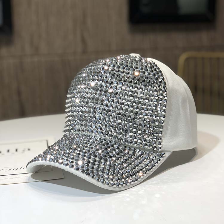White 2Hat female rhinestone personality peaked cap Spring and autumn days fashion Baseball cap Korean version Versatile tide summer manual Inlaid diamond Internet celebrity