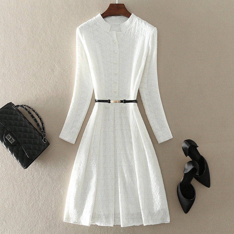 Phá mã giải tỏa Khí chất cao cấp phụ nữ Âu Mỹ đại mỹ nhân váy chữ A mỏng dài tay váy ren trắng - A-Line Váy