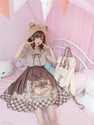 taobao agent [To Alice] C4467 Original teddy bear print retro SK skirt mid skirt