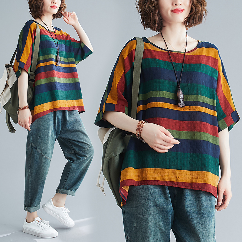 ขนาดฟรีไซส์ 2020 ใหม่ เสื้อลายทางสุภาพสตรียุคใหม่ไซส์ใหญ่และบาง เสื้อแขนค้างคาว 2020新款胖mm大码女装胖妹妹大码宽松显瘦新款减龄蝙蝠袖上衣 ขนาดฟรีไซส์ 2020 ใหม่ เสื้อลายทางสุภาพสตรียุคใหม่ไซส์ใหญ่และบาง เสื้อแขนค้างคาว