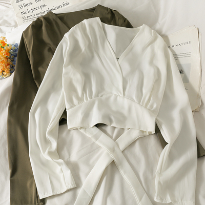 taobao agent Short spring jacket, bra top, belt with bow, shirt, french style, fitted, V-neckline