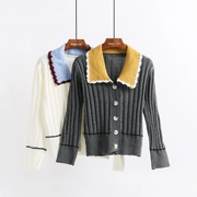 Áo len mùa thu 2018 mới đơn áo len sọc dọc áo len nữ phiên bản Hàn Quốc của cổ áo màu ve áo lỏng ngắn