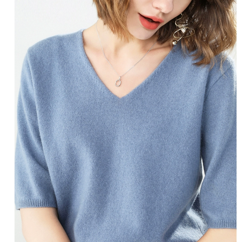 Áo len nữ cổ chữ V ngắn tay năm điểm dệt kim Áo thun áo len nửa tay áo len rộng tay sản phẩm mới của phụ nữ - Áo / áo thun