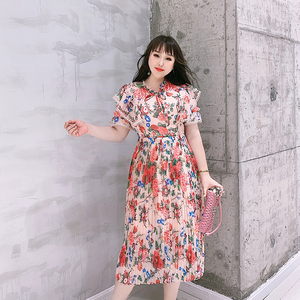 GLEC大码女装2020年夏装高端定制印花重工镂空刺绣雪纺显瘦连衣裙
