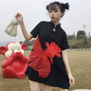 Mùa xuân và mùa hè của phụ nữ Hàn Quốc phiên bản của tính khí lỏng hoang dã retro cá vàng đứng cổ áo ngắn tay màu đen ăn mặc ăn mặc một từ váy