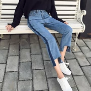 Mùa xuân mới của Hàn Quốc phiên bản của retro màu sắc hoang dã phù hợp với rửa quần không thường xuyên viền cao eo thẳng jeans triều nữ