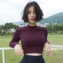 Mùa xuân Hàn Quốc phiên bản của chic gió tiếp xúc rốn phần ngắn slim slim cao cổ áo sọc dài tay áo đáy T-Shirt của phụ nữ áo triều áo phông trơn