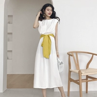 2018 mới của Hàn Quốc phiên bản của tính khí lỏng thời trang tối giản váy dài nữ 慵 gió lười biếng không tay đầm để gửi vành đai váy tay dài