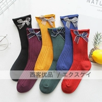 Осенние японские хлопковые носки с бантиком, гольфы, средней длины