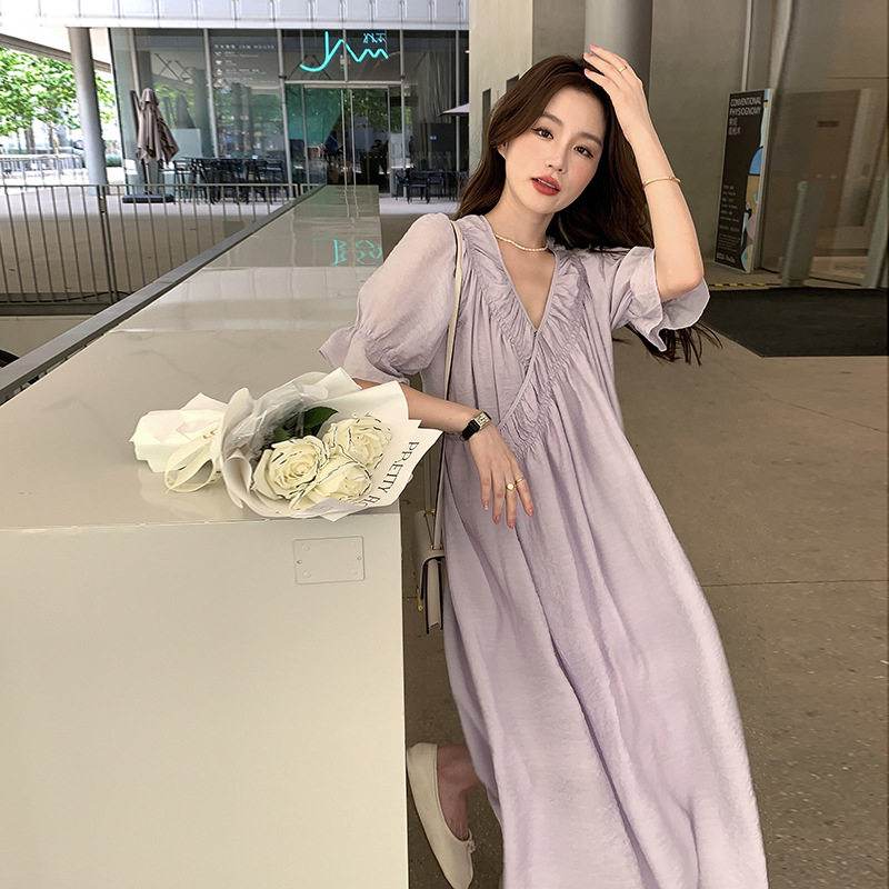 2022 Summer gentle style collarless lace-up V-neck dress, women's lace-up waist slimming A-line dress