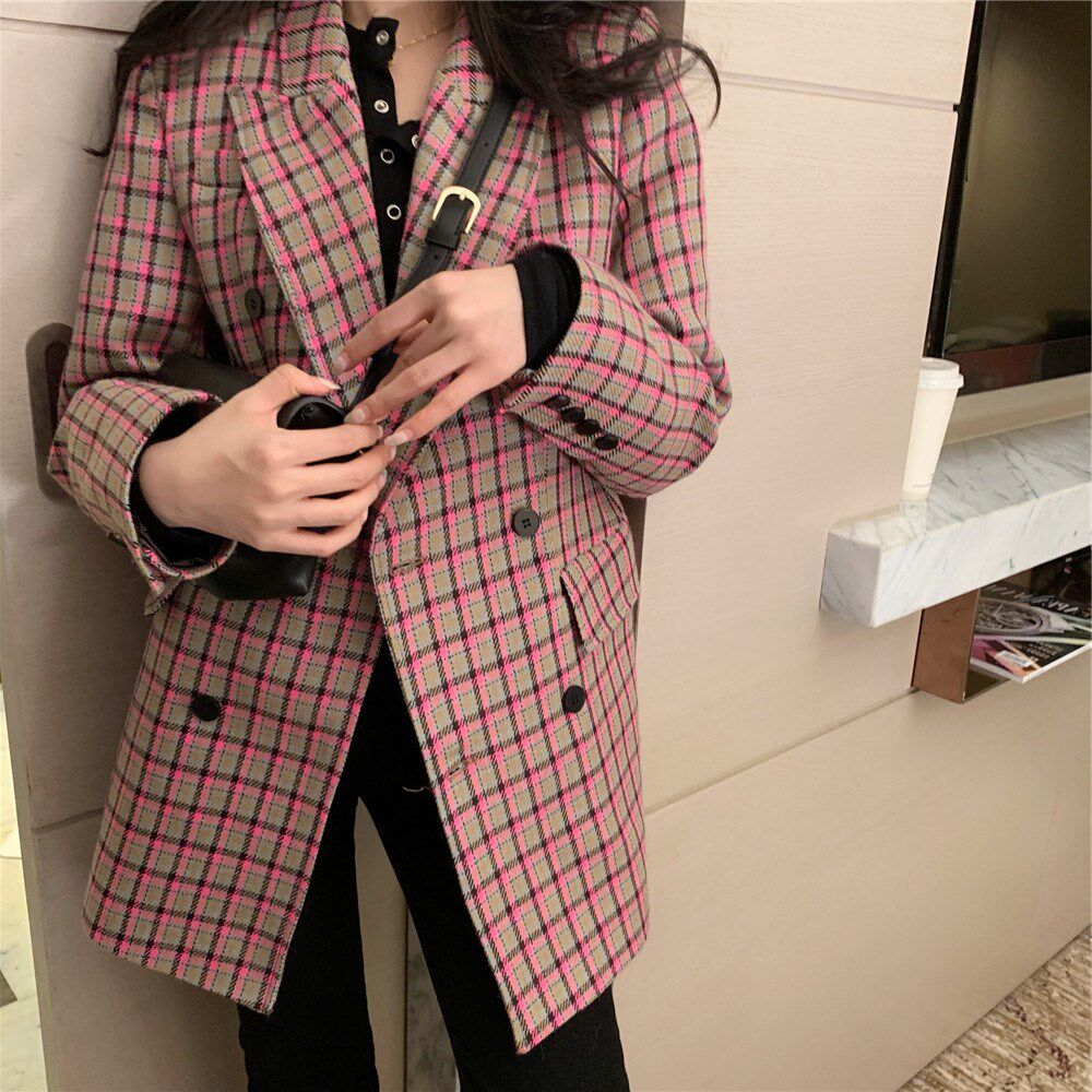 chic pink British-style suit jacket, Spring and Autumn Korean Internet celebrity wool double-breasted waist-cinching versatile checkered coat