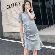 Mùa hè 2019 phụ nữ mới mang thai body body dây rút váy cotton ngắn tay áo thun bà bầu váy đầm - Áo thai sản