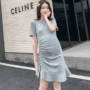 Mùa hè 2019 phụ nữ mới mang thai body body dây rút váy cotton ngắn tay áo thun bà bầu váy đầm - Áo thai sản shop đầm bầu đẹp