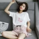 Bộ đồ ngủ nữ mùa hè mỏng phần cotton ngắn tay hai mảnh phù hợp với Hàn Quốc giảm béo mm sinh viên mùa xuân và mùa thu hè dịch vụ tại nhà - Nam giới