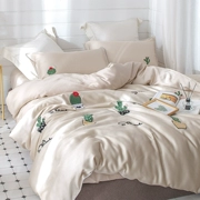 Bộ bốn mảnh của Tencel thập niên 60 nhánh xanh mịn hai mặt mềm mại mùa xuân và mùa hè ngủ khỏa thân hoạt hình giường ngủ bằng xương rồng thêu - Bộ đồ giường bốn mảnh