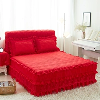 Bông ren bông đệm giường bìa cộng với bông màu rắn giường váy mảnh duy nhất giường bìa đỏ nệm trượt bảo vệ bao gồm ga giường viền họa tiết