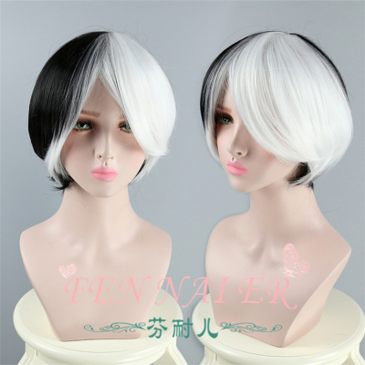 taobao agent Findeier's left black and right white double -colored lady high -end short straight straight -straight fake fake hair COSPLAY Halloween hot -selling wig