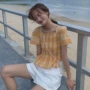 Mùa hè 2019 mới của phụ nữ thời trang Hàn Quốc đa năng vuông cổ áo kẻ sọc trở lại sửa chữa chéo áo thun - Áo phông áo phông dài tay