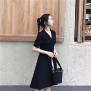 Dora Chaoren Hall Hồng Kông hương vị retro chic ve áo ngắn tay eo dài đầm khí Slim A-line váy