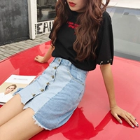 Giải phóng mặt bằng cổng hương vị retro chic cao eo đơn ngực denim váy ngắn triều thời trang hoang dã váy nữ mùa hè chân váy dành cho người béo bụng