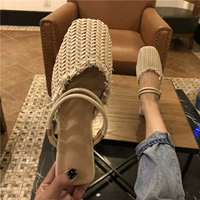 18 mùa hè phiên bản mới của Hàn Quốc của retro dệt rỗng mặt phẳng baotou nửa dép nữ hai mang đai mỏng đầu vuông Giày Muller giày sandal nữ đi học