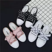 Giày cao gót đế xuồng nữ 2018 hè mới phiên bản Hàn Quốc của giày vải ulzzang đế bệt trắng đế bệt nửa dép