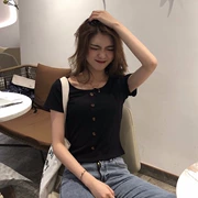 Mùa hè 2019 của phụ nữ phiên bản Hàn Quốc của áo sơ mi trơn màu mới, quần lọt khe, đáy quần ngắn đơn ngực - Áo phông