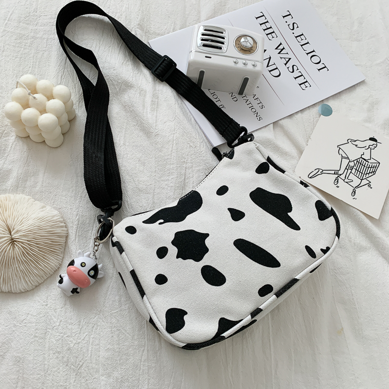 White (Dairy Pendant)ins solar system Harajuku girl lovely cow One shoulder Inclined shoulder bag the republic of korea chic Soft girl canvas Small bag Adorable
