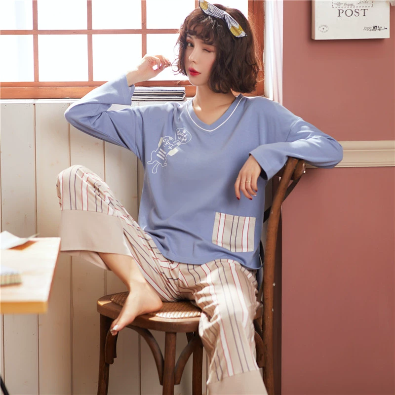 Bộ đồ ngủ nữ mùa xuân và mùa thu cotton dài tay mỏng Bộ đồ hai mảnh Hàn Quốc Dịch vụ mặc nhà mùa hè lỏng lẻo có thể mặc bên ngoài - Bộ Pajama