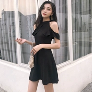 2018 mùa hè mới Hàn Quốc phiên bản của chic solid color hoang dã đứng cổ áo treo cổ strapless xù dress nữ midi váy