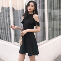 2018 mùa hè mới Hàn Quốc phiên bản của chic solid color hoang dã đứng cổ áo treo cổ strapless xù dress nữ midi váy 	váy chít eo	