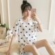 Đồ ngủ nữ Hàn Quốc mùa hè dễ thương ngắn tay hai mảnh cotton có thể mặc bên ngoài học sinh mỏng mùa hè dịch vụ nhà dứa - Cặp đôi