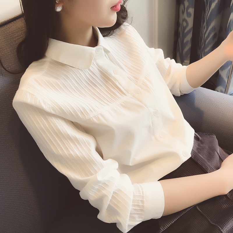 【纯棉】纯棉春秋冬季 长袖拼接韩版白色衬衫 打底衬衣女