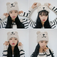 Милая бархатная шерстяная зимняя вязаная шапка с капюшоном для отдыха, в корейском стиле, с медвежатами