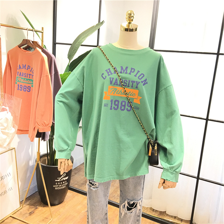 Green2020 spring and autumn Versatile Simplicity letter Wear out easy Big size comfortable Long sleeve Undershirt T-shirt female Student tide