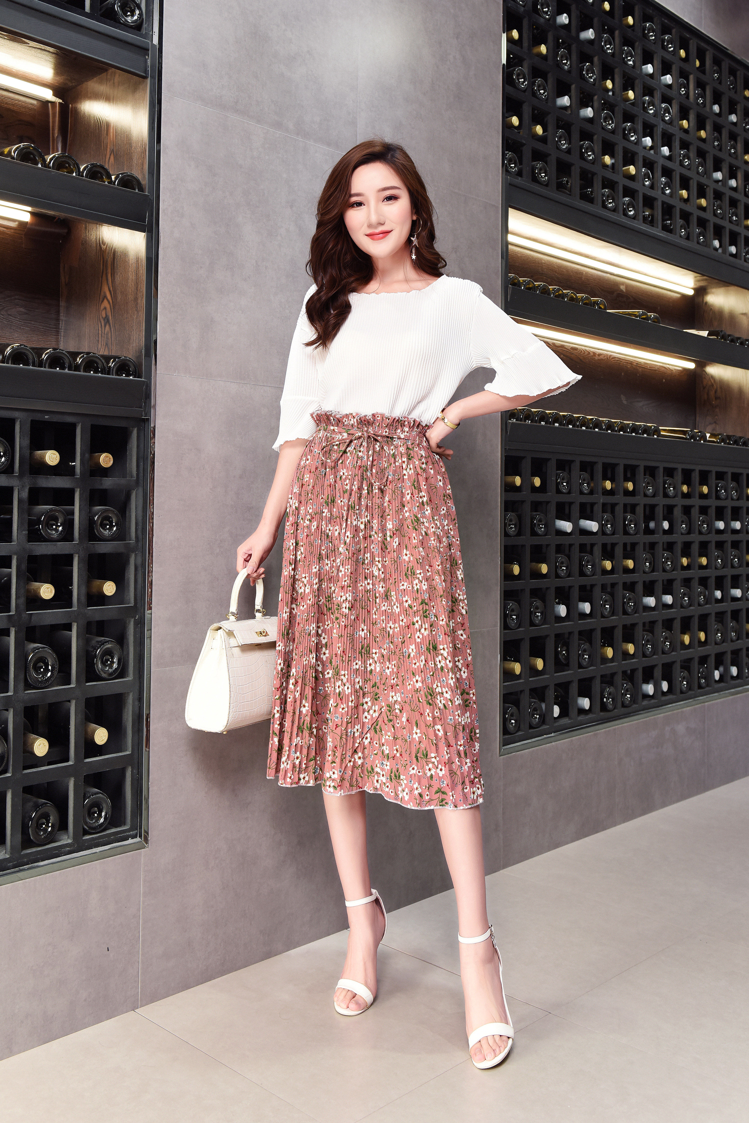 实拍韩版女装雪纺半身裙女夏碎花中长款裙子细百褶松紧腰a字裙