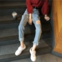 Mùa hè 2018 mới của Hàn Quốc phiên bản của lỗ tình yêu đầu tiên lỏng lẻo 乞丐 quần jean nữ cao eo là mỏng thẳng chín quần thủy triều short jean nữ