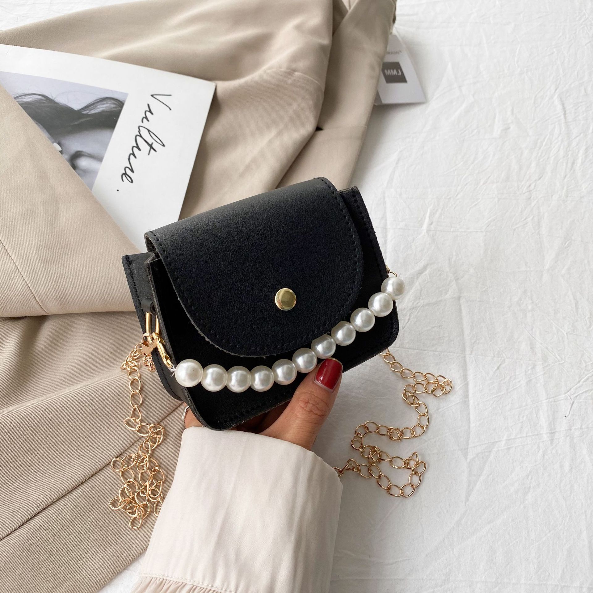 BlackForeign style Pearl portable Small bag female 2021 new pattern Korean version trend texture One shoulder Oblique span chain Small square bag