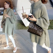 Phụ nữ mang thai mùa thu áo len nữ 2019 Thời trang Hàn Quốc nửa cổ cao len lỏng đan lệch mùa thu và váy mùa đông - Áo thai sản