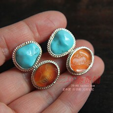 Ювелирные камни 二环家 清代天然老红玛瑙帽花+80年代原矿无优化绿松石新镶银耳勾