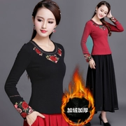 Áo khoác nữ Trung Quốc 2019 mùa đông mới gió mùa xuân chạm đáy áo thêu cộng với áo thun nhung dài tay nữ - Áo phông