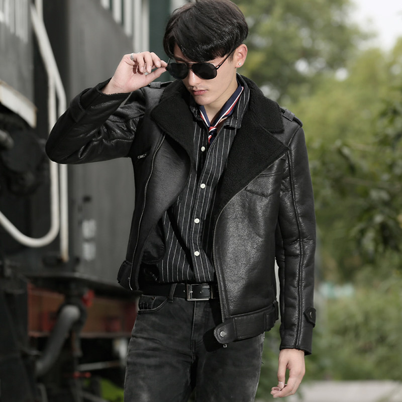 加厚仿麂皮绒羊羔毛皮毛一体男机车皮衣男外套f1056p235控288大码